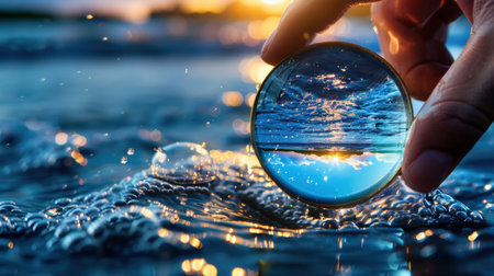 A stunning image featuring a hand holding a glass lens that beautifully captures the reflection of sunrise on tranquil water waves, creating a serene atmosphere.の素材