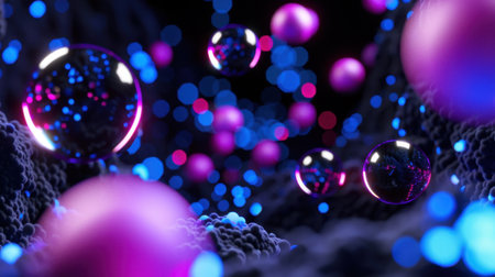 This stunning abstract image showcases colorful spheres floating amidst a backdrop of glowing lights, creating a mesmerizing visual experience filled with depth and energy.の素材
