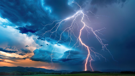 A captivating view of a thunderstorm showcasing brilliant lightning bolts cutting through dark clouds. The scene captures the raw power and beauty of nature, illustrating the intensity of a summer storm over rolling hills.の素材