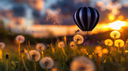 A captivating scene featuring a hot air balloon gracefully rising above a field of dandelions during a stunning sunset, showcasing vibrant colors and tranquil beauty.の素材