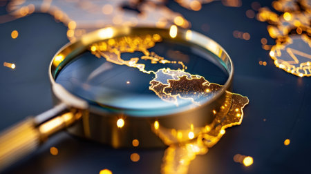 This striking image features a magnifying glass focused on a map segment of Central America, emphasizing its geographical details and vibrant colors.の素材