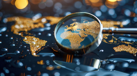 A captivating close-up of a magnifying glass highlighting a gold glittered map of Africa and Europe amid shimmering water drops, symbolizing discovery.の素材