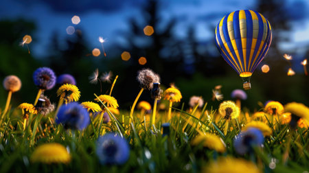 A stunning scene featuring a colorful hot air balloon soaring over a lively field filled with blooming dandelions and wildflowers under a dreamy twilight sky.の素材