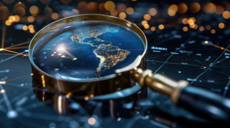 A unique perspective of a globe seen through a magnifying glass, highlighting Earth's illuminated regions against a starry backdrop, symbolizing exploration.の素材