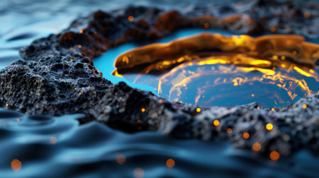 This captivating image showcases an abstract circular formation emitting a warm glow, surrounded by dark textured surfaces and gentle water reflections.の素材