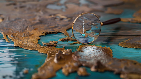 Detailed close-up of a world map under a magnifying glass, emphasizing land and water features, inviting exploration and analysis of geography.の素材