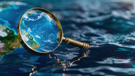 This captivating image features a magnifying glass reflecting the Earth while floating on water, symbolizing exploration, environmental awareness, and the search for clarity in our global impact.の素材