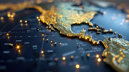 This image showcases a detailed 3D representation of a map focusing on Asian coastal regions, emphasizing cities with glowing elements, perfect for travel and exploration themes.の素材