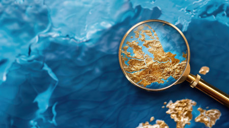A captivating image featuring a magnifying glass highlighting a golden map of an island amid vibrant blue ocean waves, ideal for travel and exploration themes.の素材