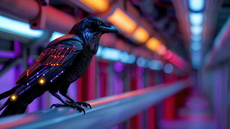 A captivating futuristic raven stands thoughtfully on a neon-lit rail, showcasing intricate circuit patterns and vibrant colors, creating a mesmerizing atmosphere.の素材