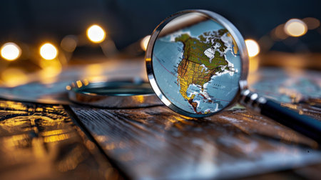 A close-up view of a magnifying glass focusing on a map of North America, surrounded by warm lights and a rustic wood surface, perfect for travel themes.の素材