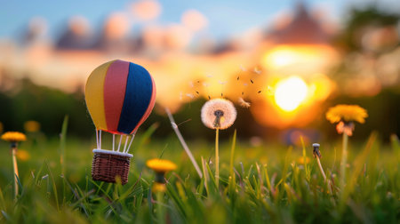 A vibrant hot air balloon stands amidst dandelions in a grassy field, illuminated by a stunning sunset, evoking a sense of adventure and tranquility.の素材