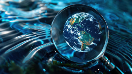 This captivating image showcases a magnifying glass focusing on the Earth amidst rippling water waves, symbolizing exploration and global awareness.の素材