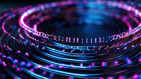 Explore a captivating visual of vibrant light trails creating mesmerizing circular patterns, showcasing a blend of blue and purple hues, perfect for technology and design themes.の素材