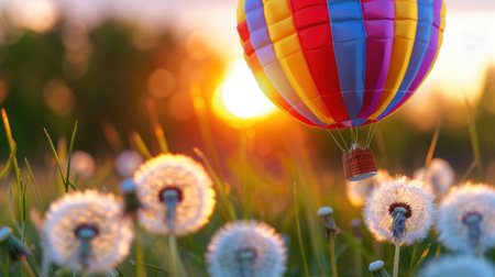 A vibrant hot air balloon drifts serenely above a field of dandelions during a stunning sunset. This image captures tranquility and adventure.の素材