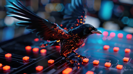 A stunning black crow with glowing circuit patterns perched on a digital surface, merging technology and nature in a vibrant, futuristic scene.の素材