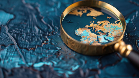 A close-up view of a magnifying glass highlighting Europe on a richly textured map, perfect for themes of exploration, geography, and travel.の素材