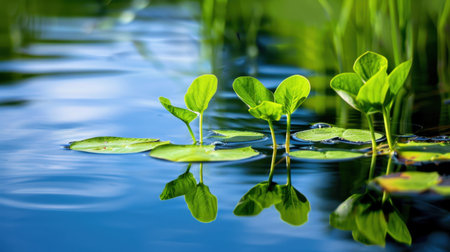 This image captures fresh green leaves emerging from a serene pond, beautifully reflecting in calm water. The lush surroundings create a tranquil atmosphere perfect for nature lovers.の素材