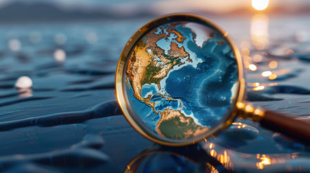 A magnifying glass focuses on a detailed view of the Earth above tranquil ocean water, capturing the essence of exploration and natural beauty. Bright sunset reflections enhance the scene, inviting curiosity about our planet.の素材