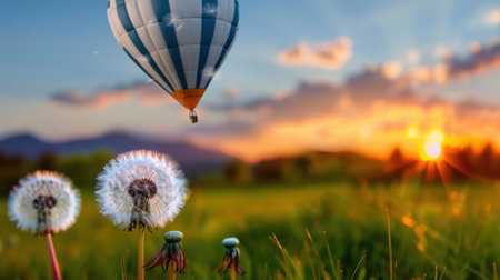 A vibrant scene showcasing a colorful hot air balloon drifting above blooming dandelions during a stunning sunset. The gentle landscape evokes feelings of adventure and tranquility.の素材