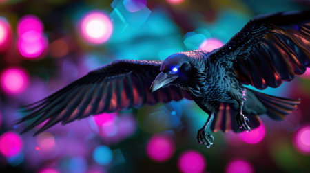 This stunning image captures a dark bird in flight against a backdrop of vibrant bokeh lights, showcasing intricate feather details and glowing eyes, creating a mystical atmosphere.の素材
