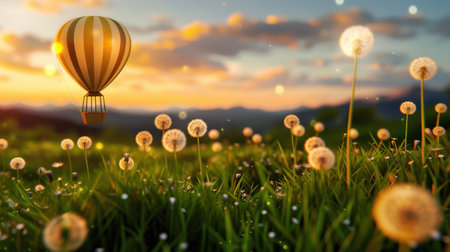 A serene scene showcasing a hot air balloon gracefully floating over a lush field of dandelions as the sun sets behind soft hills. The landscape exudes tranquility and beauty.の素材