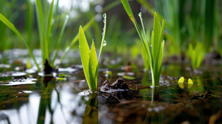 Close-up view of vibrant green grass sprouting from moist earth, with glistening water droplets capturing the essence of nature's beauty and growth.の素材
