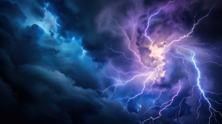 This striking image captures the essence of a powerful storm with dramatic clouds and vivid lightning illuminating the sky, embodying nature's raw energy.の素材