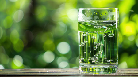 A refreshing glass of clear sparkling water filled with bubbles, set against a soft green bokeh background, emphasizing vitality and tranquility.の素材