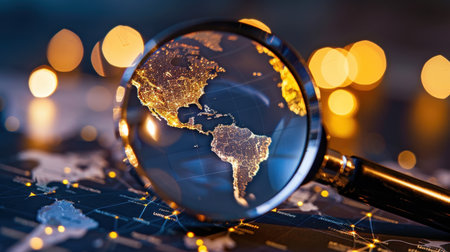 A magnifying glass highlights a globe resting on a detailed world map, surrounded by mesmerizing bokeh lights, emphasizing themes of exploration and research.の素材