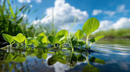 A serene scene featuring young green seedlings emerging from calm water, reflecting vibrant foliage against a bright blue sky with fluffy clouds.の素材