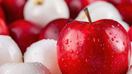 A close-up view of vibrant red and white apples featuring glistening dew drops, showcasing their freshness and appeal for healthy eating and culinary creativity.の素材