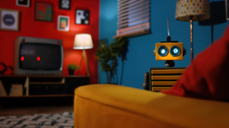A vibrant living room scene featuring a playful robot toy seated on a yellow sofa, with a vintage television displaying nostalgic charm. Brightly colored walls enhance the cozy atmosphere, inviting relaxation and creativity.の素材
