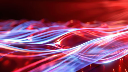 This vibrant abstract image showcases flowing light waves in striking red and blue hues, creating a dynamic visual pattern perfect for artistic projects.の素材