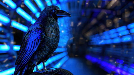 A striking black bird rests in a surreal environment filled with vibrant blue neon lights, creating an enchanting and futuristic atmosphere.の素材