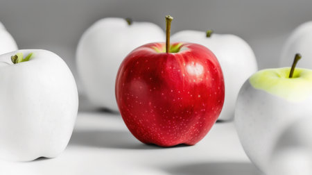 This striking image features a vibrant red apple surrounded by white apples on a soft gray background, highlighting the contrast and beauty of nature's produce.の素材