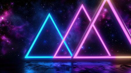 This striking image features vibrant neon triangles set against a mesmerizing cosmic backdrop, ideal for creative projects needing a colorful, modern aesthetic.の素材