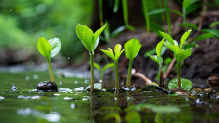 A serene image of vibrant green seedlings emerging from calm water, showcasing nature's beauty and growth in a lush environment. Ideal for themes of life, ecology, and sustainability.の素材