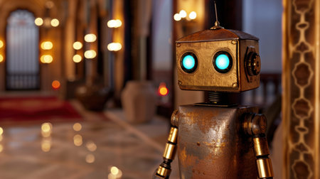 This captivating vintage robot features glowing blue eyes and stands proudly in an ornate interior, blending technology and elegance in stunning detail.の素材