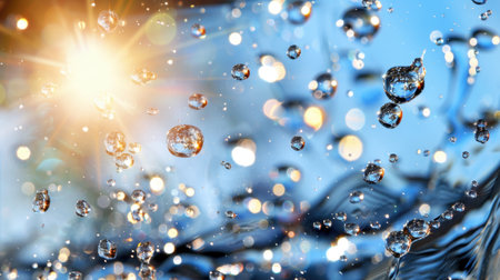 This captivating image features sparkling water drops splashing in sunlight, creating a vibrant and lively scene against a blue background, perfect for nature themes.の素材