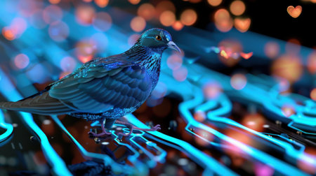 A stunning illustration of a bird set against a futuristic circuit background, featuring vibrant colors and glowing bokeh lights, showcasing creativity and beauty.の素材