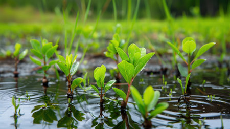 This captivating image captures small green seedlings emerging from the soil, surrounded by glistening water drops, depicting fresh growth in nature.の素材