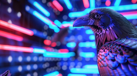 This stunning image features a majestic crow set against a backdrop of vibrant neon lights. The dynamic composition highlights the bird's intricate feathers and unique expressions, creating an artistic visual statement.の素材