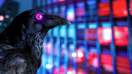 A striking raven with glowing eyes stands prominently against a vibrant, abstract cityscape filled with neon colors and soft lights. The image evokes a sense of mystique and urban fantasy, showcasing a blend of nature and technology.の素材
