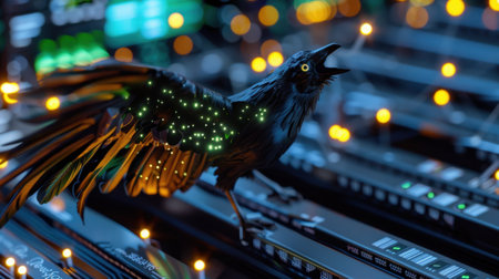 A striking visual of a cyber bird with glowing feathers, perched on high-tech equipment, surrounded by vibrant lights in an abstract setting.の素材