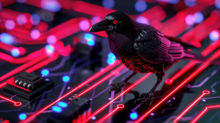 A striking cybernetic raven perches on a vibrant neon circuit board, illuminated by red and blue lights, blending nature with futuristic digital elements.の素材