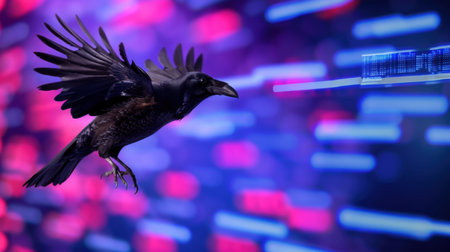 A stunning raven soars through a vibrant neon backdrop, showcasing its elegant wings and intricate feathers. The dynamic motion blur adds a striking effect.の素材