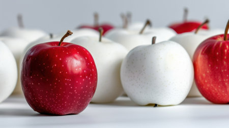 This captivating image features a contrast of red and white apples artfully arranged on a smooth surface, highlighting their freshness and vibrancy.の素材