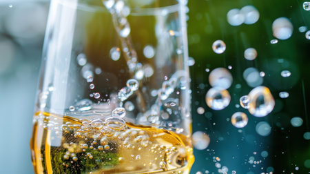 A close-up image of a sparkling drink in a glass, featuring bubbles and water droplets against a blurred background. Perfect for celebration themes.の素材