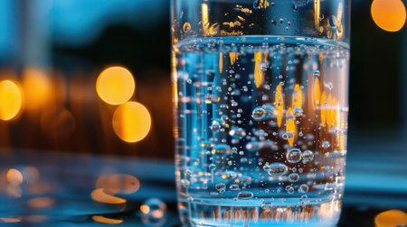 A refreshing glass of sparkling water filled with bubbles, set against a softly glowing background of blurred lights, evoking a calm evening mood.の素材